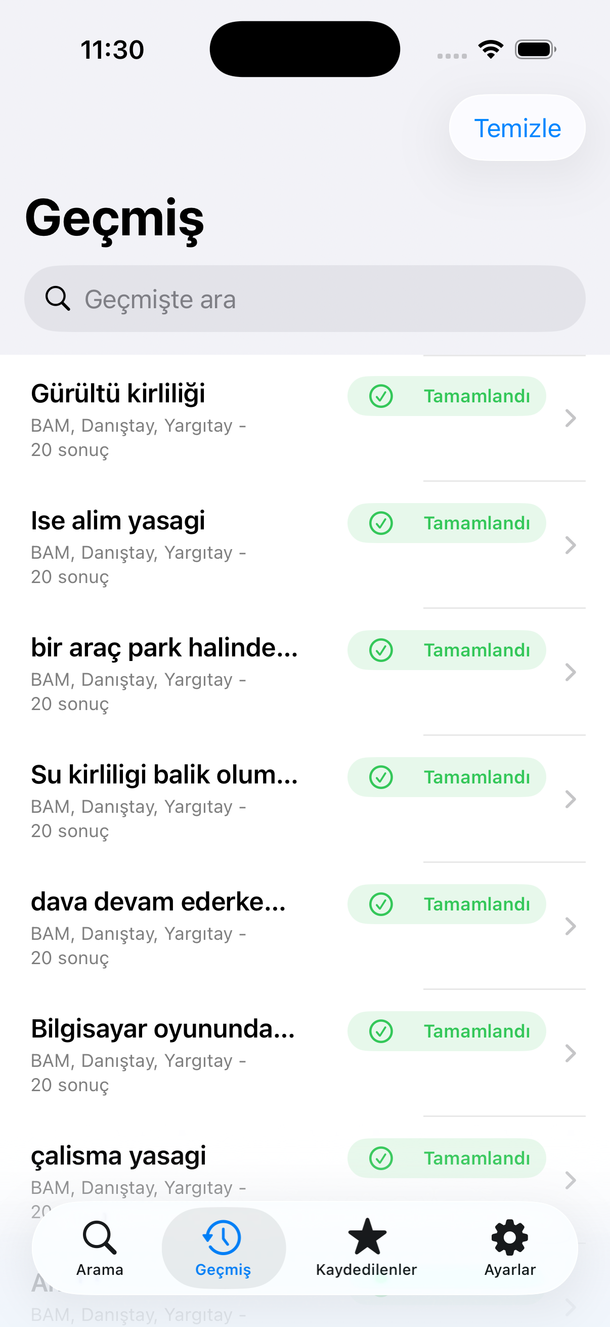 İlke arama geçmişi ekranı